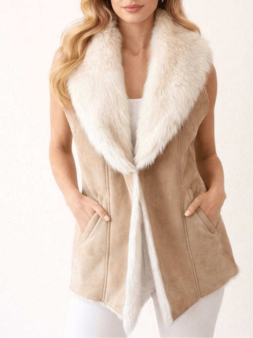 J. McLaughlin Faux Suede Shearling Tan Cream Winter Vest Small